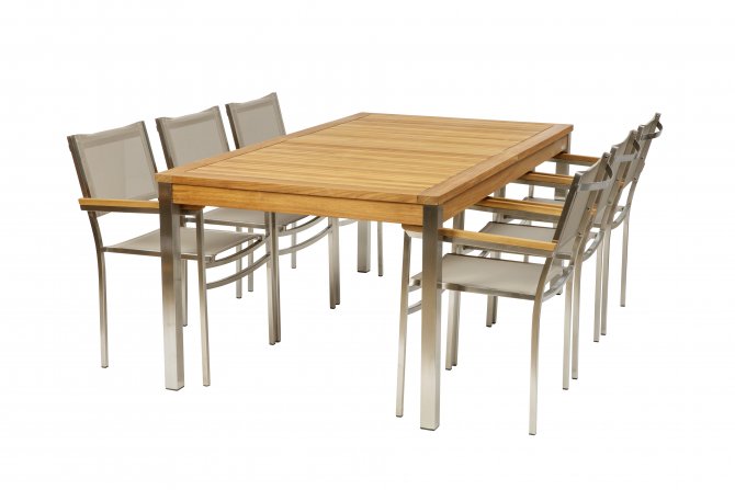 Praga bord och praga stol - matbord i teak och rostfritt stål och matstol i rostfritt stål